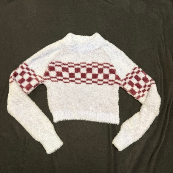 Urban Outfitters Sweaters - Urban‎ Outfitters Fuzzy Checkered Sweater Lilac Burgundy Cropped Knit Top S